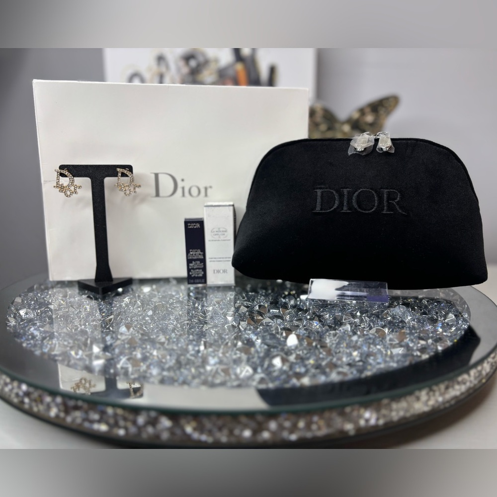 Dior Black velvet Embroidered Logo Cosmetic Pouch